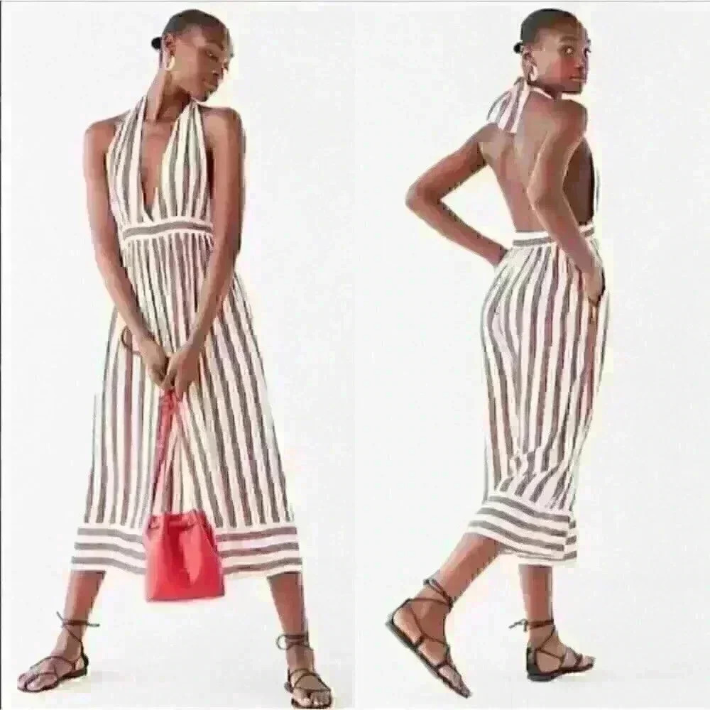 Urban Outfitters Raven striped Plunging Halter Style cropped Jumpsuit sz S‎